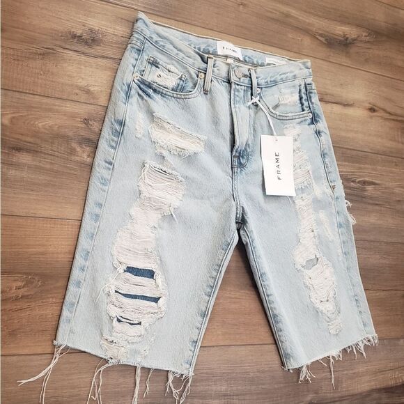 Frame Le Vintage Bermuda Distressed Denim Shorts In Drenched Size 24 NWT - Picture 13 of 16